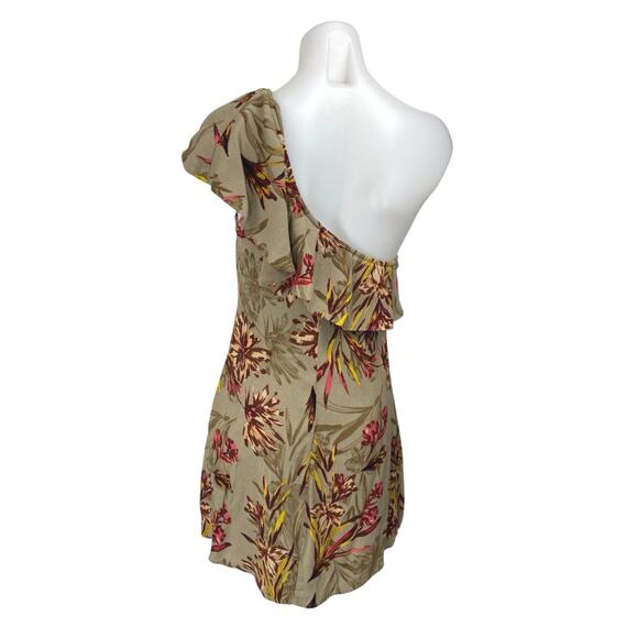 ASTR The Label Beige Floral One Shoulder Ruffle Tropical A Line Mini Dress Sz M - Picture 2 of 5